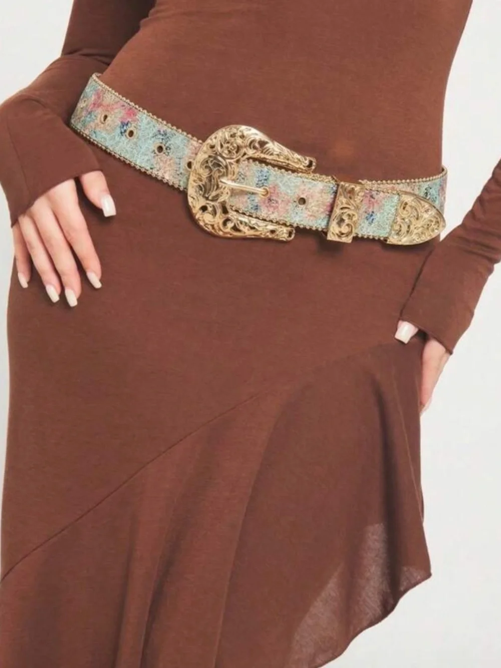 Gold-Tone Floral Embroidered Western Belt - Blue Multi